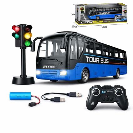 Радіокерований автобус City Bus 39,5 см синій зі світлофором — автобус на пульті 2.4GHz, світло фар, акумулятор