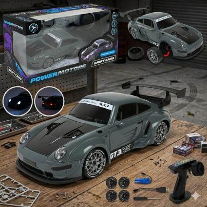 Радиоуправляемая дрифтовая машинка Powermotors 20 см с пультом и запасными колесами 1:20 на аккумуляторе темно-серая