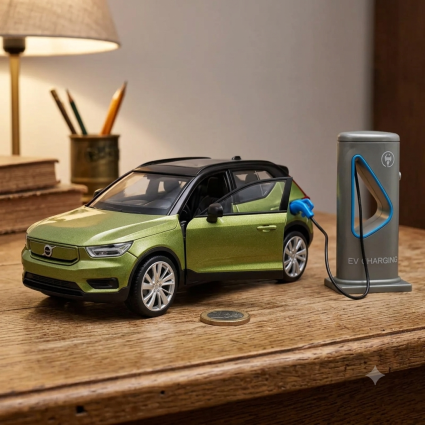 Автомодель металлическая Volvo XC40 Recharge "Автопром" 1:32 электромобиль с зарядной станцией, светом и звуком зеленый