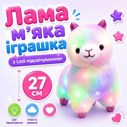 Лама мягкая игрушка с Led-подсветкой 27см, плюшевая лама со светом, светящяяся милая лама на батарейках