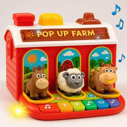 Музыкальная ферма Pop up Farm 25 см с подвижными элементами, пианино, светом и звуками животных 4 режима на батарейках