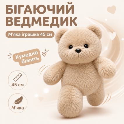 Бегающий медвежонок мягкая игрушка-обнимашка 45 см имитация бега с помощью подвижных лапок, плюшевый медведь-бегун бежевый
