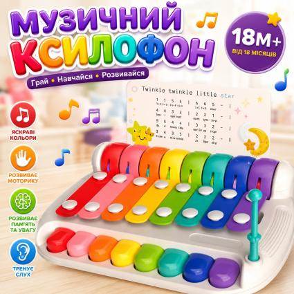 Музыкальная развивающая игрушка Ксилофон-Пианино 3 в 1 Детский ксилофон металлофон с нотами и палочкой