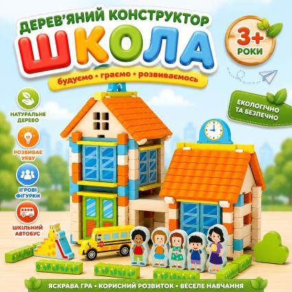 Дерев'яний конструктор BabyToys Школа з ігровими фігурками та шкільним автобусом, конструктор дерев'яний будиночок