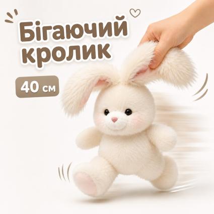 Бігаюча іграшка Кролик 40 см, м'яка іграшка білий зайчик з імітацією бігу, плюшевий бігучий кріль з довгими вухами