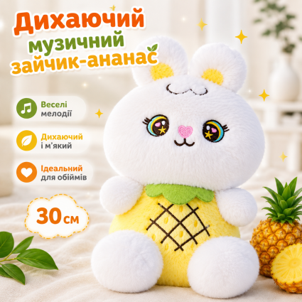 Плюшевый дышащий зайчик-ананас 30 см мягкая игрушка кролик с имитацией дыхания на батарейках, ананасный зайка желтый