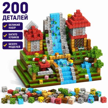 Магнитный конструктор Pixel World 200 деталей в коробке 21 см кубики 2 см в стиле пиксельного мира для детей от 3 лет