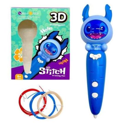3D-ручка Стич с зарядкой USB детская 3Д ручка Stitch синяя 3 мотка разноцветного пластика и трафареты в комплекте