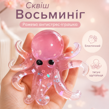 Сквиш Осьминог игрушка антистресс Осьминожка розовый эластичный Octopus с тянущимися щупальцами, игрушка мялка