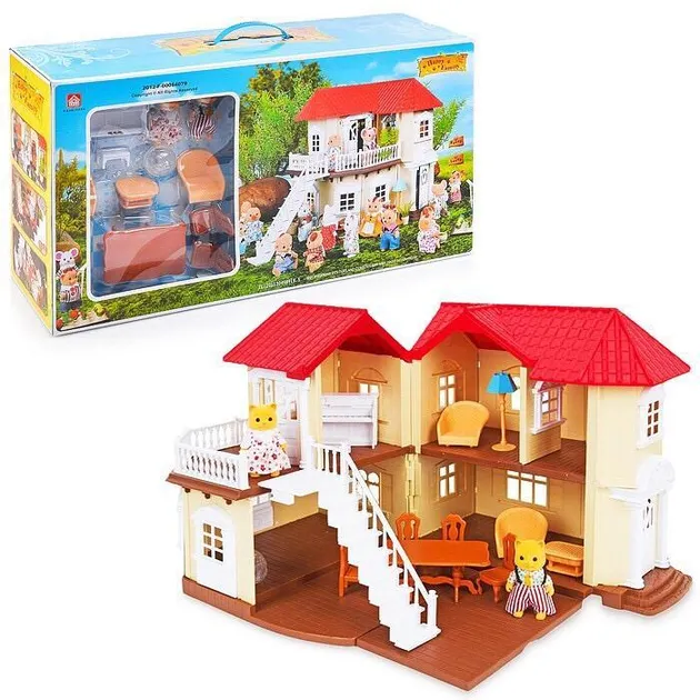 Домик кукольный Anbeiya Happy Family раскладной/двухэтажный 31х31х34см с мебелью и фигурками флоксовых котиков