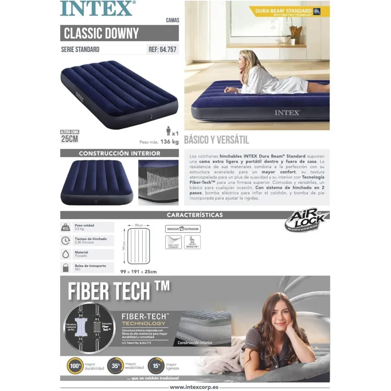 Надувной матрас Intex 64757 одноместный 99х191х25см Classic синий до 136кг, велюровое покрытие