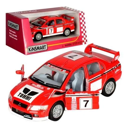 Машинка инерционная Kinsmart "Mitsubishi Lancer Evolution VII WRC 5" красная 12 см двери открываются, модель 1:36