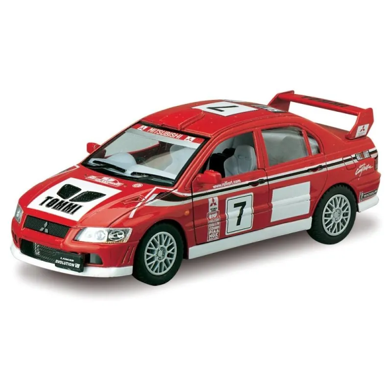 Машинка инерционная Kinsmart "Mitsubishi Lancer Evolution VII WRC 5" красная 12 см двери открываются, модель 1:36