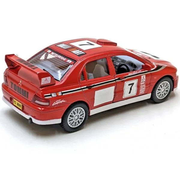Машинка инерционная Kinsmart "Mitsubishi Lancer Evolution VII WRC 5" красная 12 см двери открываются, модель 1:36