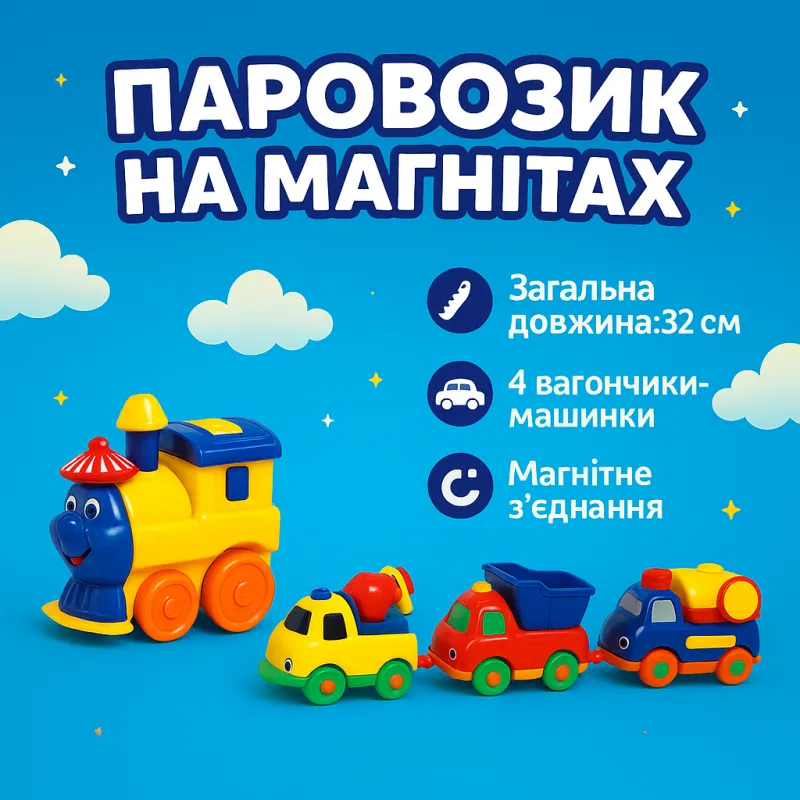 Паровозик на магнитах Star Toys Веселый поезд на батарейках с 3 вагончиками-машинками