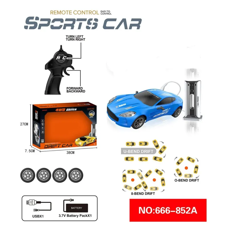 Радиоуправляемая спортивная машинка SyrCar 1:24 с зарядной станцией, аккумулятором и светом + запасные колеса