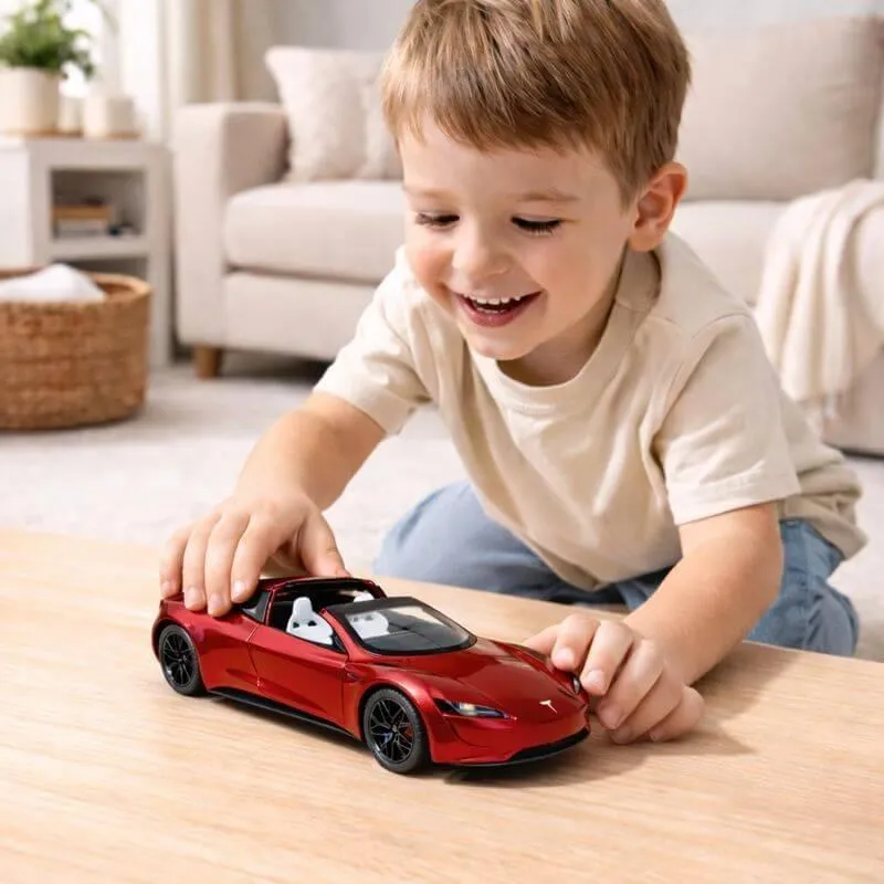 Металева машинка Автопром Tesla Roadster 1:24 (19,5 см) — світло, звук, інерційна, двері, що відкриваються, червона