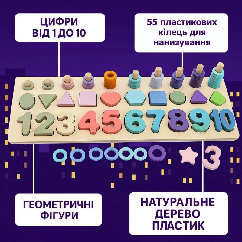 Логічна дерев’яна дошка сортер з цифрами та кільцями 40 см