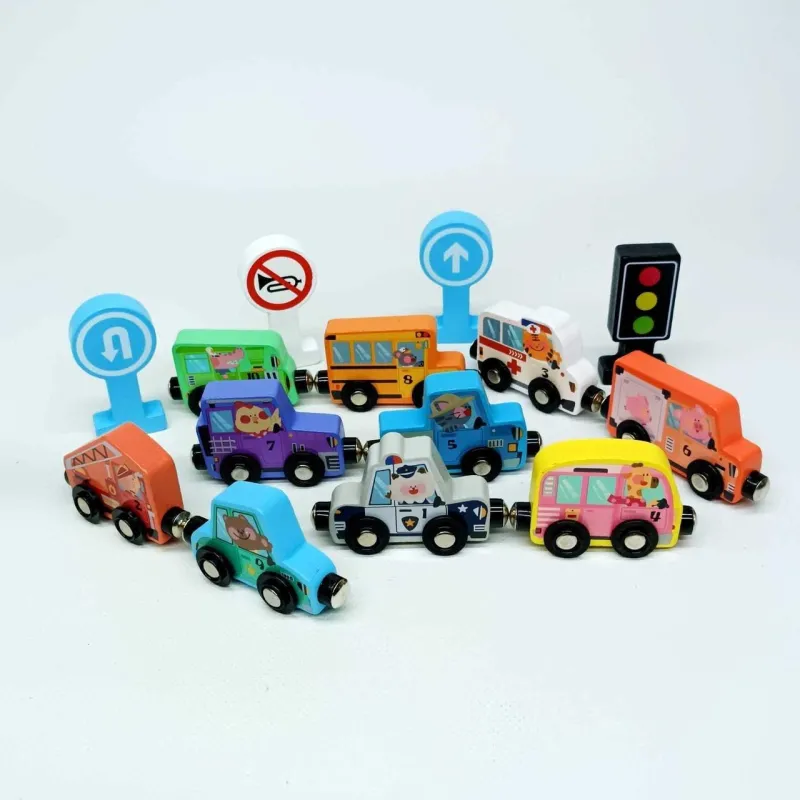 Магнітні дерев’яні машинки WToys 49325 — набір спецтехніки з тваринками, 1+ років