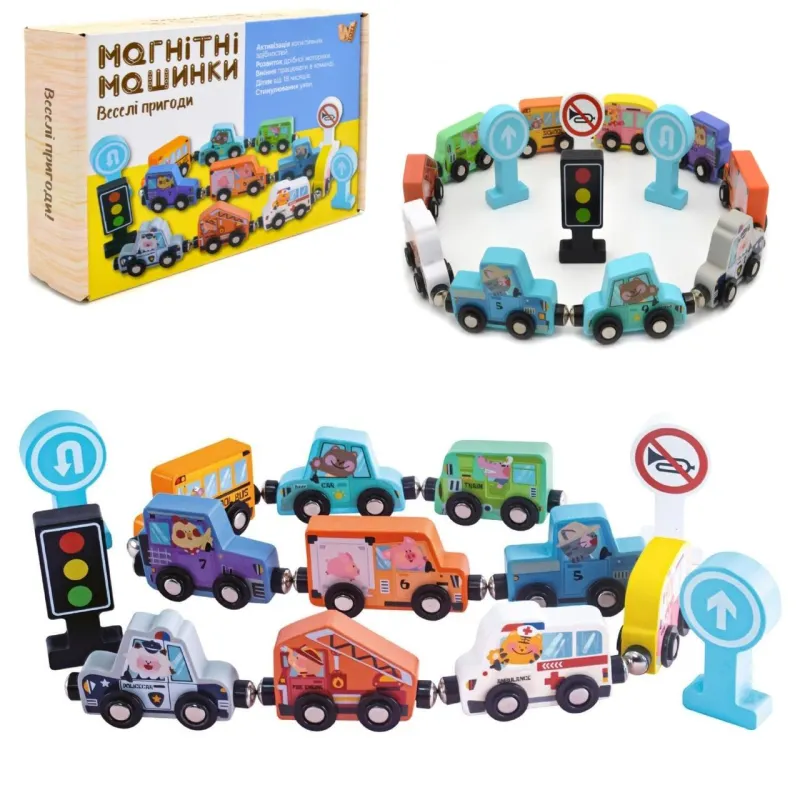 Магнітні дерев’яні машинки WToys 49325 — набір спецтехніки з тваринками, 1+ років