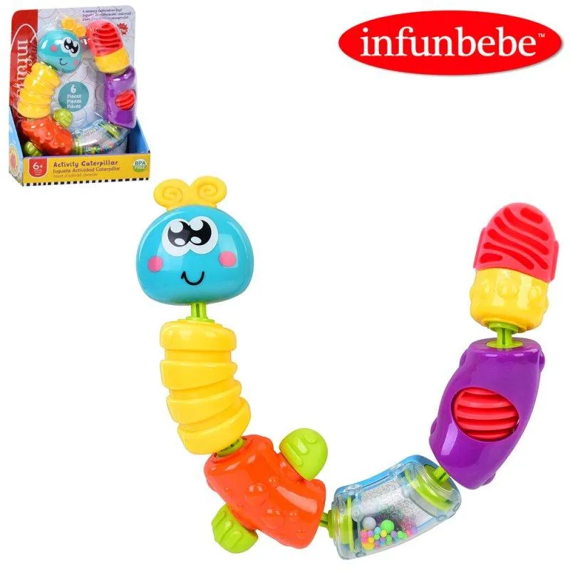 Брязкальце гусениця Infunbebe 22 см з рухомими деталями та прорізувачем для малюків від 6 місяців у коробці 24 см