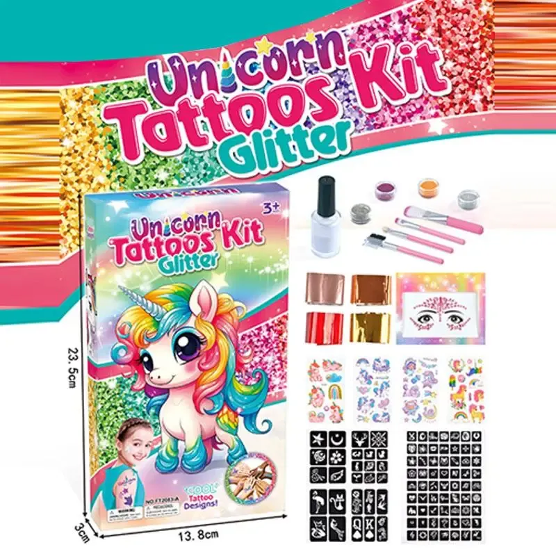 Тату наклейки Unicorn дитяча косметика глітер, пензлики, трафарети та аксесуари в коробці 23 см