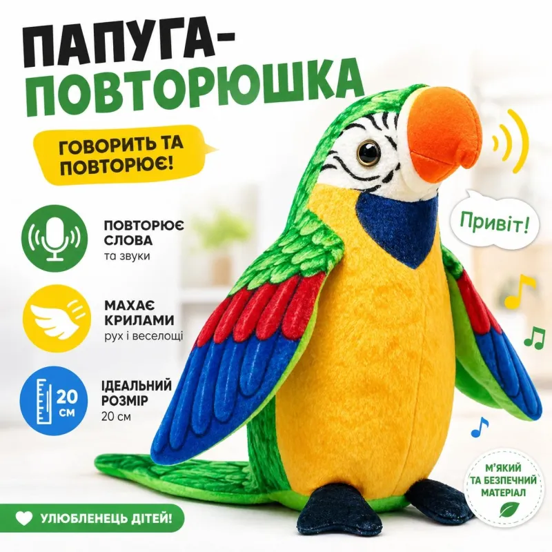 М'яка іграшка-повторюшка Shantou Папуга 20см зелений C41808-2