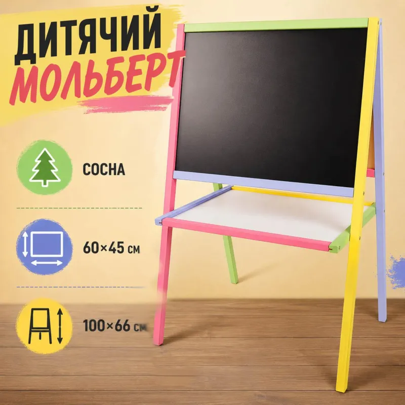 Мольберт дитячий двосторонній магнітний 40х60см Дошка для малювання крейдою та маркерами 3в1 з полицею, кольорова