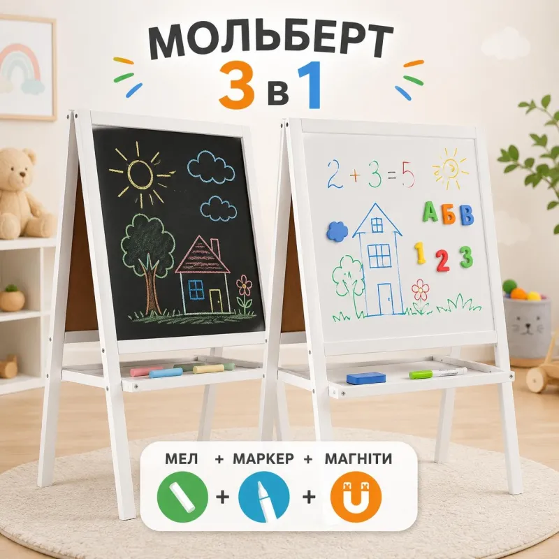 Мольберт 2-стор. з полицею, магнітний 100*66см (поле 60*45см), фарбований білий