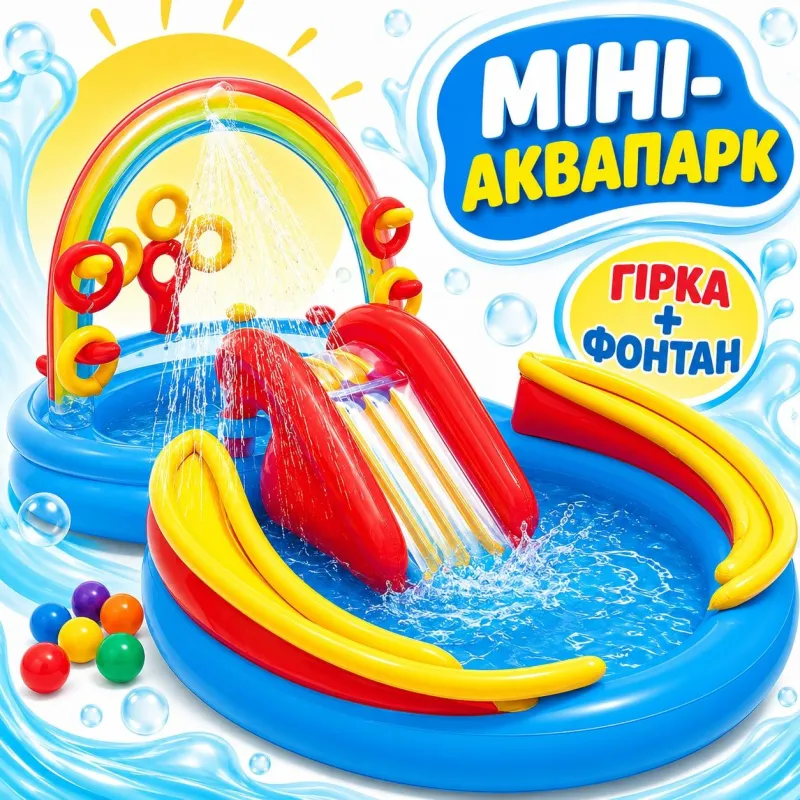 Надувний ігровий центр Intex Веселка 2 басейни/гірка/фонтан 297х193х135 см 428 л