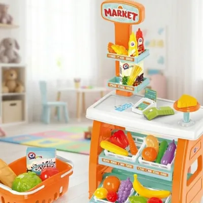 Игровой набор магазин Маркет ТехноК с кассой, стелажами и продуктами 33 предмета, игрушечный супермаркет