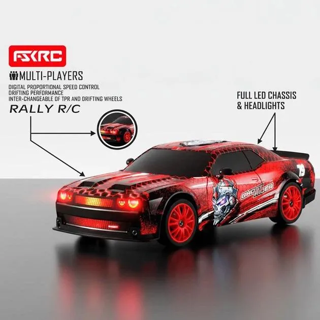 Радиоуправляемый маслкар Red Rally Dodge Challenger 1:24 4WD красный дрифтовый суперкар на аккумуляторе с подсветкой и USB