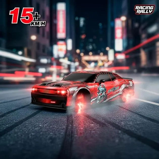 Радиоуправляемый маслкар Red Rally Dodge Challenger 1:24 4WD красный дрифтовый суперкар на аккумуляторе с подсветкой и USB