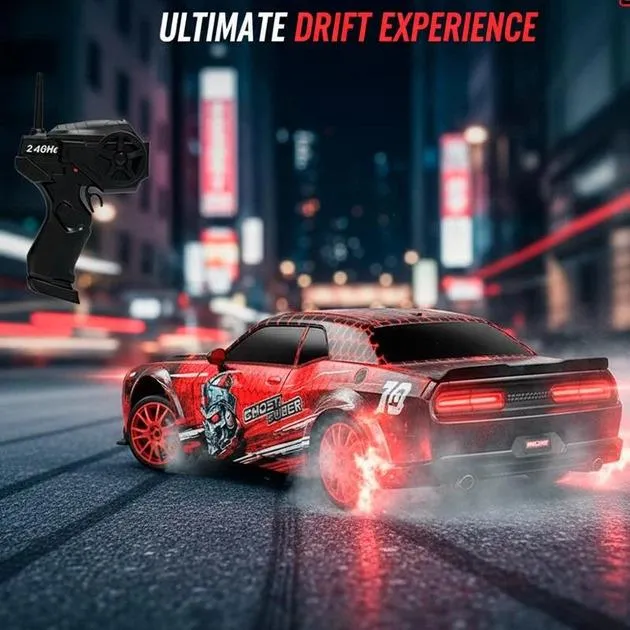 Радиоуправляемый маслкар Red Rally Dodge Challenger 1:24 4WD красный дрифтовый суперкар на аккумуляторе с подсветкой и USB