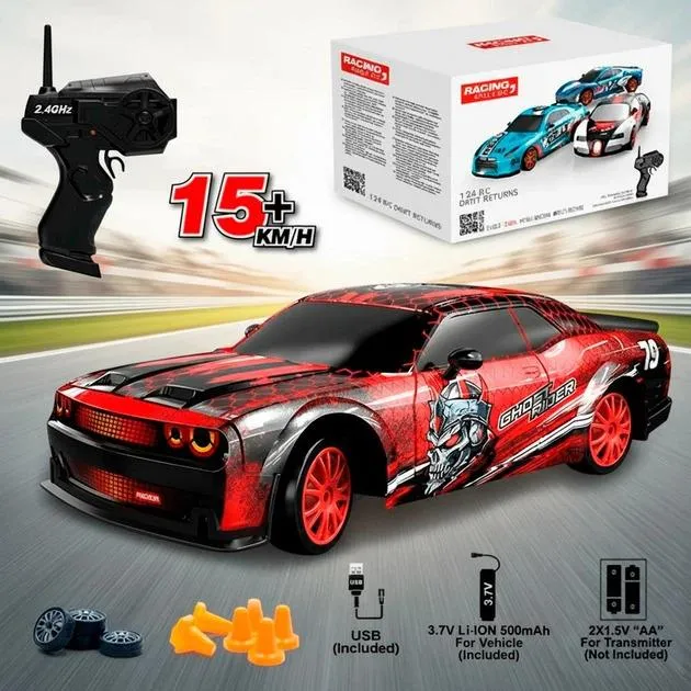 Радиоуправляемый маслкар Red Rally Dodge Challenger 1:24 4WD красный дрифтовый суперкар на аккумуляторе с подсветкой и USB