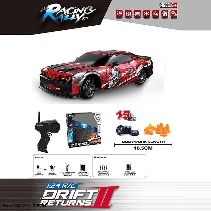 Радиоуправляемый маслкар Red Rally Dodge Challenger 1:24 4WD красный дрифтовый суперкар на аккумуляторе с подсветкой и USB