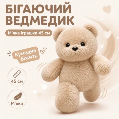 Бегающий медвежонок мягкая игрушка-обнимашка 45 см имитация бега с помощью подвижных лапок, плюшевый медведь-бегун бежевый