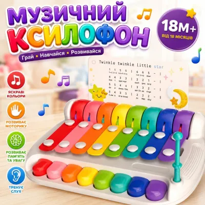 Музыкальная развивающая игрушка Ксилофон-Пианино 3 в 1 Детский ксилофон металлофон с нотами и палочкой