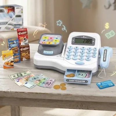 Детская касса супермаркет Cash Register кассовый аппарат с  калькулятором и сканером, весами и аксессуарами 18дет