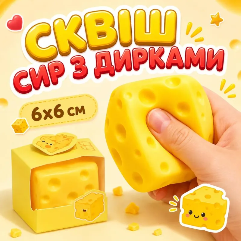 Сквіш Сир із дірками 6см квадратний шматок сиру іграшка антистрес, квадратний сквіш сирок