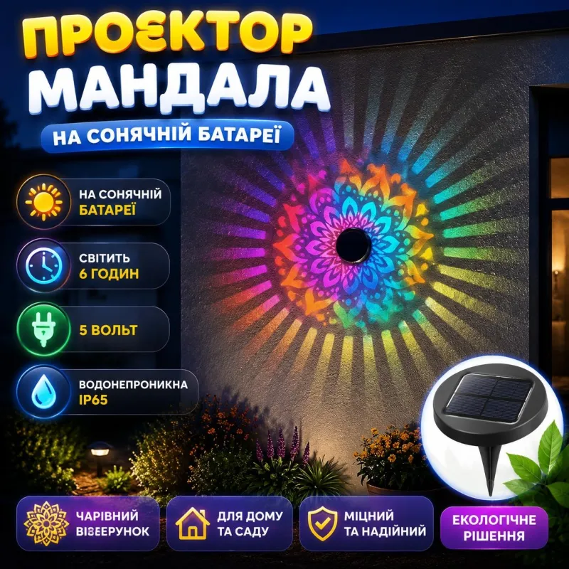 Світильник проектор Мандала RGB на сонячній батареї 5V вологозахищений декоративний ліхтар з проекцією візерунка