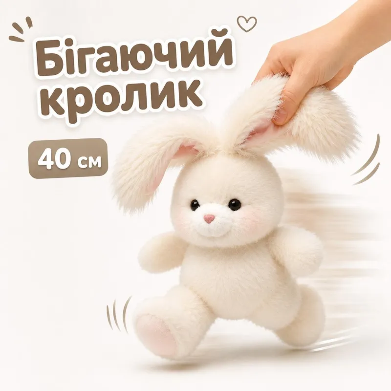 Бігаюча іграшка Кролик 40 см, м'яка іграшка білий зайчик з імітацією бігу, плюшевий бігучий кріль з довгими вухами