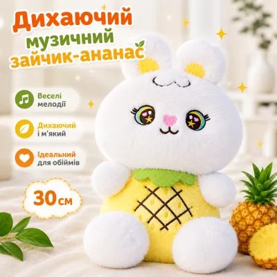 Плюшевый дышащий зайчик-ананас 30 см мягкая игрушка кролик с имитацией дыхания на батарейках, ананасный зайка желтый