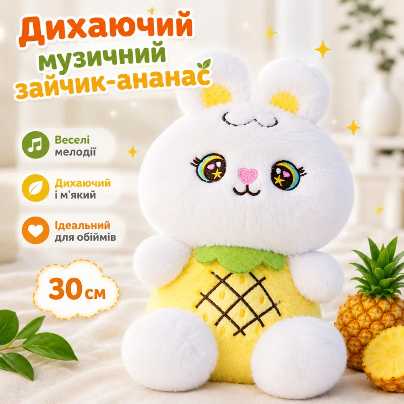 Плюшевый дышащий зайчик-ананас 30 см мягкая игрушка кролик с имитацией дыхания на батарейках, ананасный зайка желтый