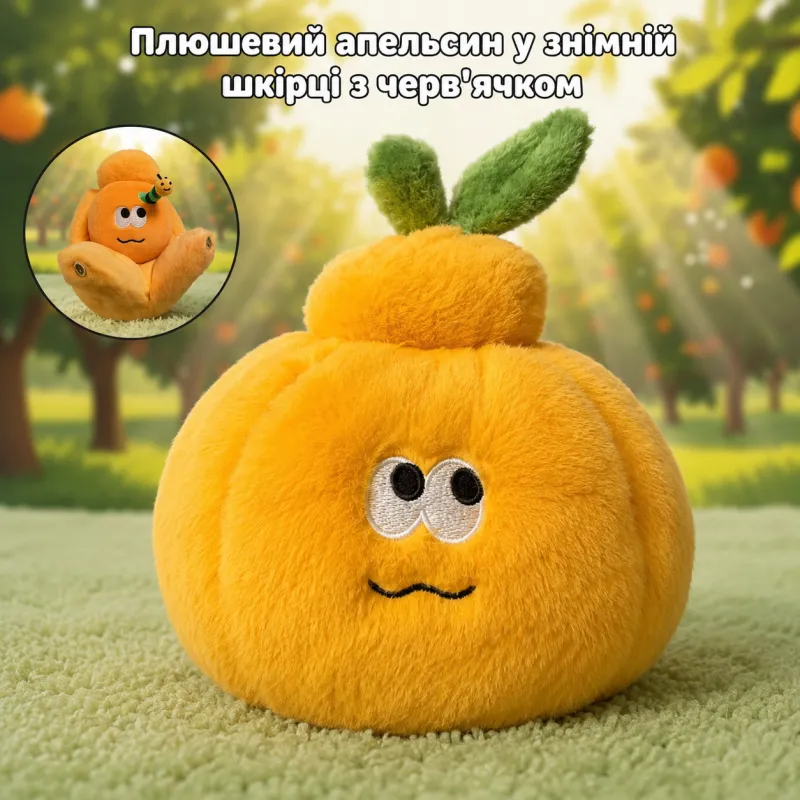 Плюшевий апельсин у знімній шкірці з черв'ячком Funny Orange м'яка іграшка-брелок мандарин з черв'яком підвіска на сумку