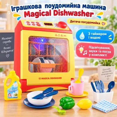 Игрушечная посудомоечная машина с таймером и водой Magical dishwasher детская посудомойка с подсветкой, звуками и посудой