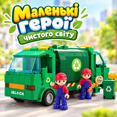Конструктор iBLOCK Сміттєвоз 226дет вантажівка для роздільного збору відходів з фігурками