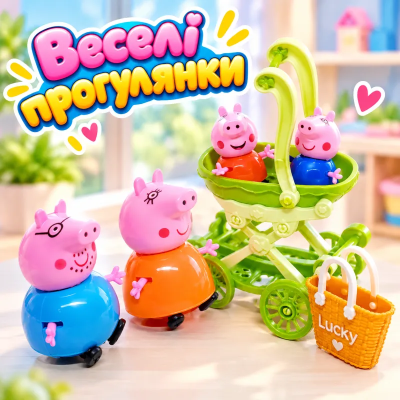 Ігровий набір Свинка Пеппа та сім'я 4 рухомі фігурки Peppa Pig World з коляскою та кошиком для пікніка